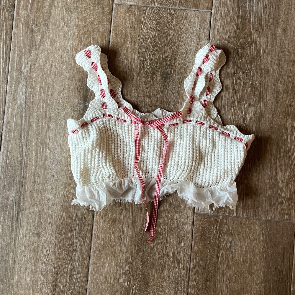 For Love & Lemons Cream Knit Crop Top with Red Gingham Ribbon – Size M